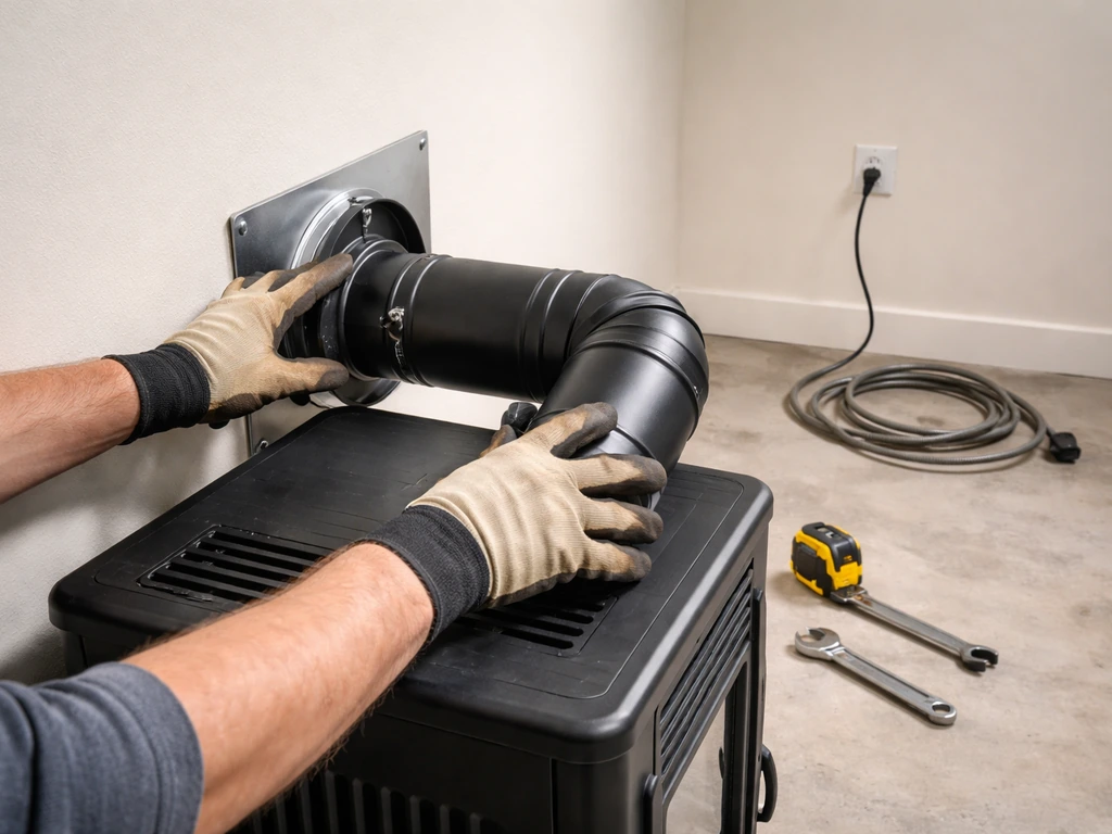 Technician aligning a vent pipe and checking clearances on an installed pellet stove in a simple workshop.