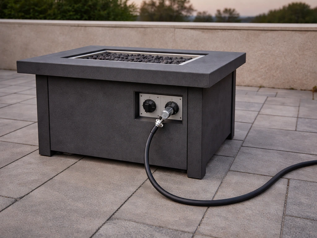 Outdoor gas fireplace or fire pit table with visible burner/valve area and connected fuel line on patio.