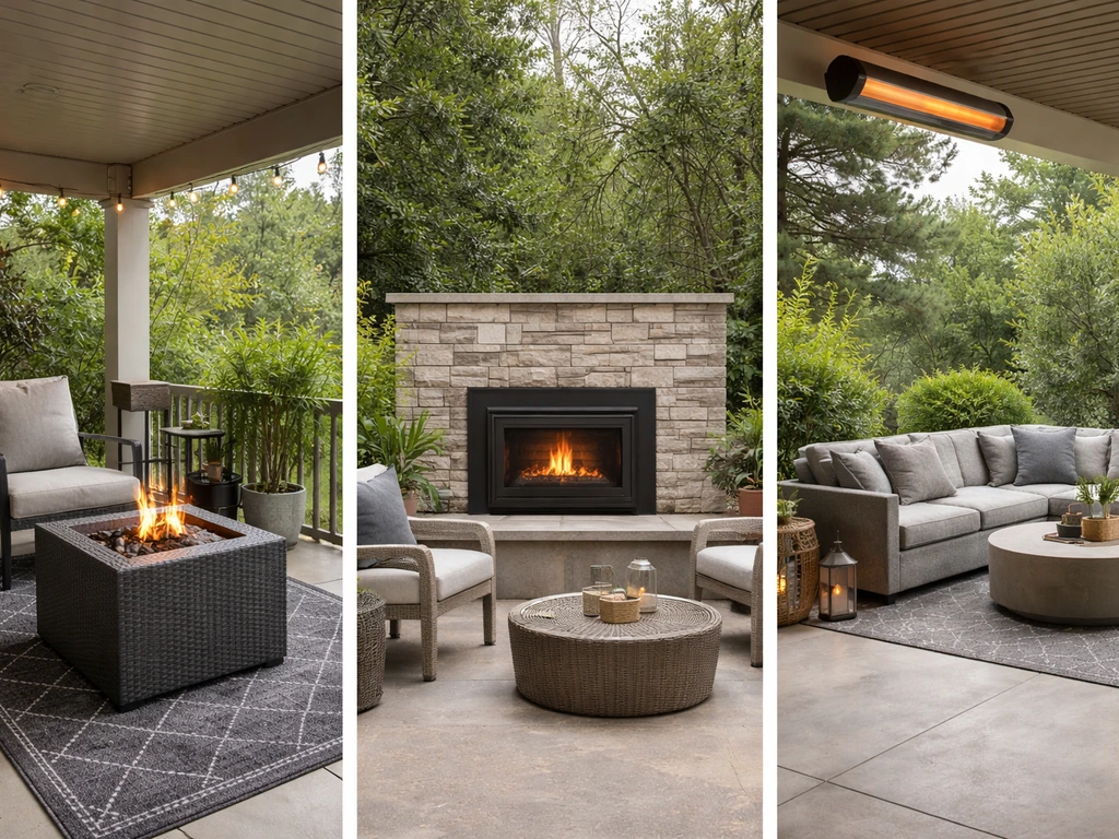 Three minimal patio vignettes showing propane fire pit, pellet insert stove, and infrared heater options