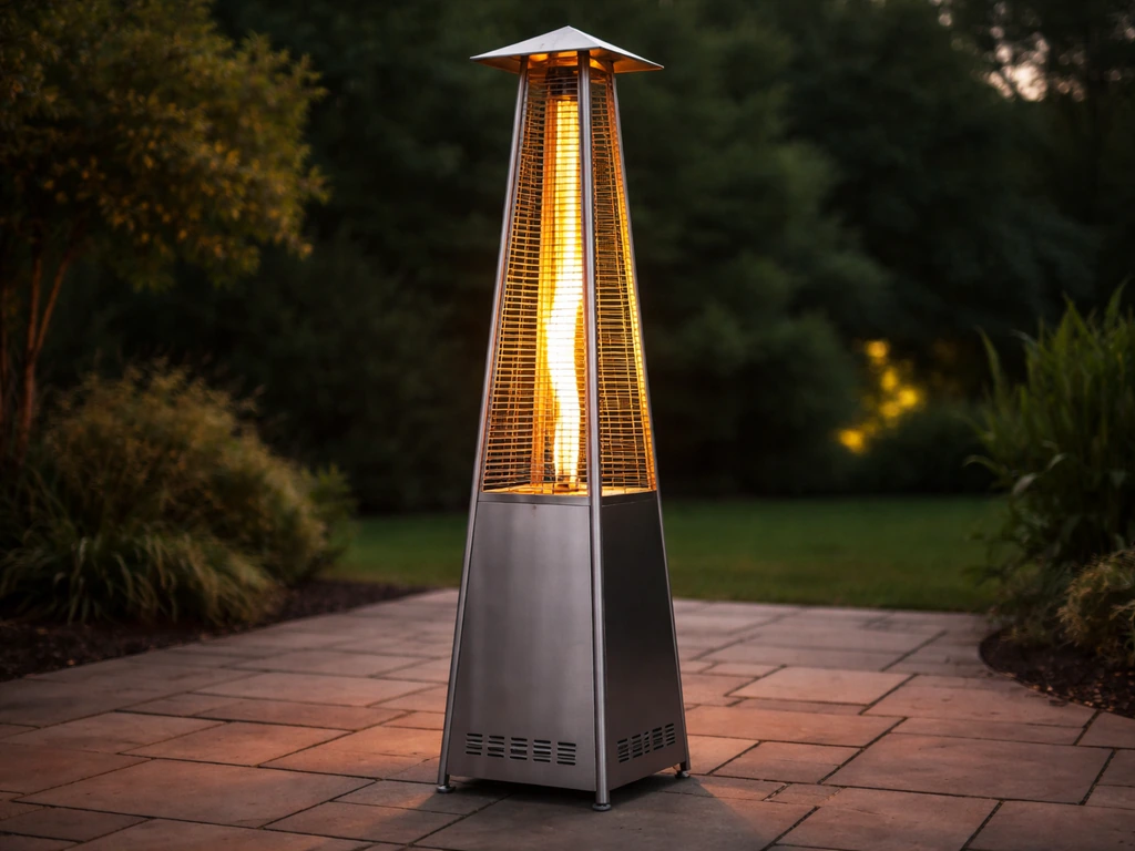 NUU Garden AH001 pyramid gas patio heater with warm flame glow on a backyard patio.