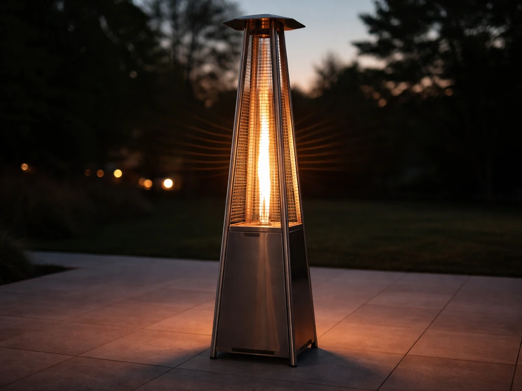 Outdoor patio pyramid gas heater with visible flame and heat radiating outward at dusk