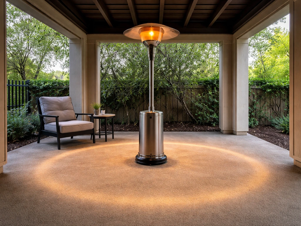 Small covered patio with a heater casting a soft circular warm halo indicating about a 20-foot coverage range.