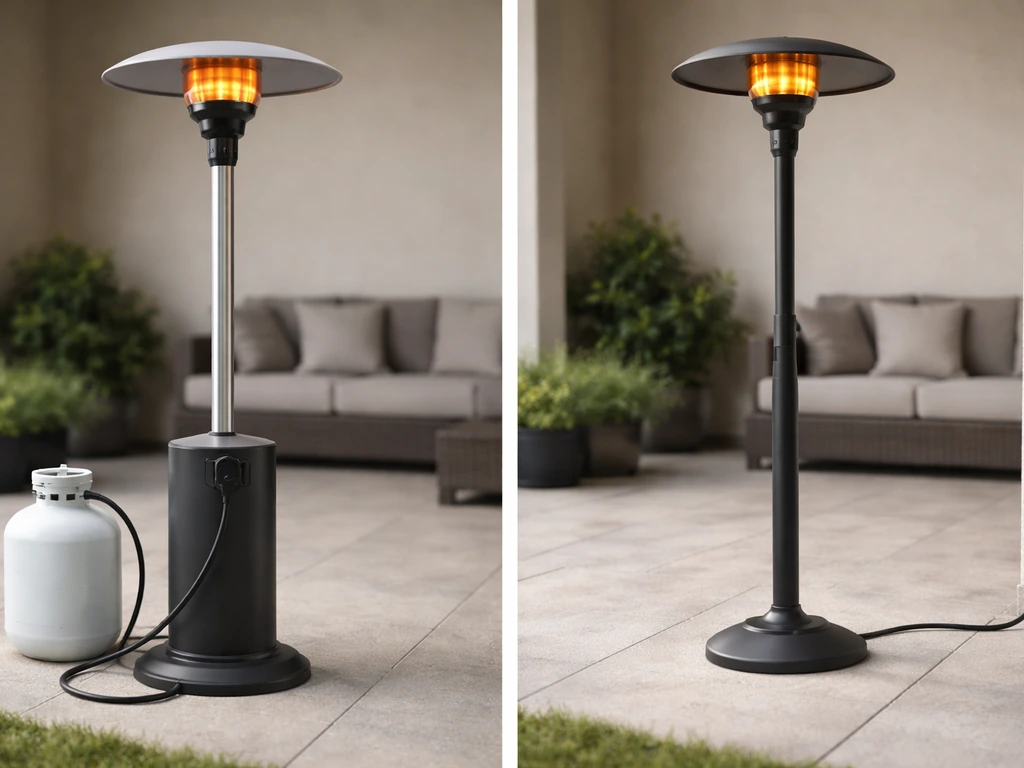 Side-by-side patio heaters: propane cylinder connected on the left, electric infrared heater with cord on the right.