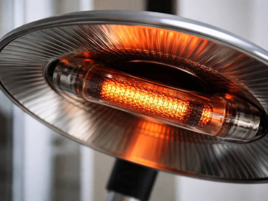 Close-up of a plug-in electric carbon-fiber heater element with a 360° reflector housing