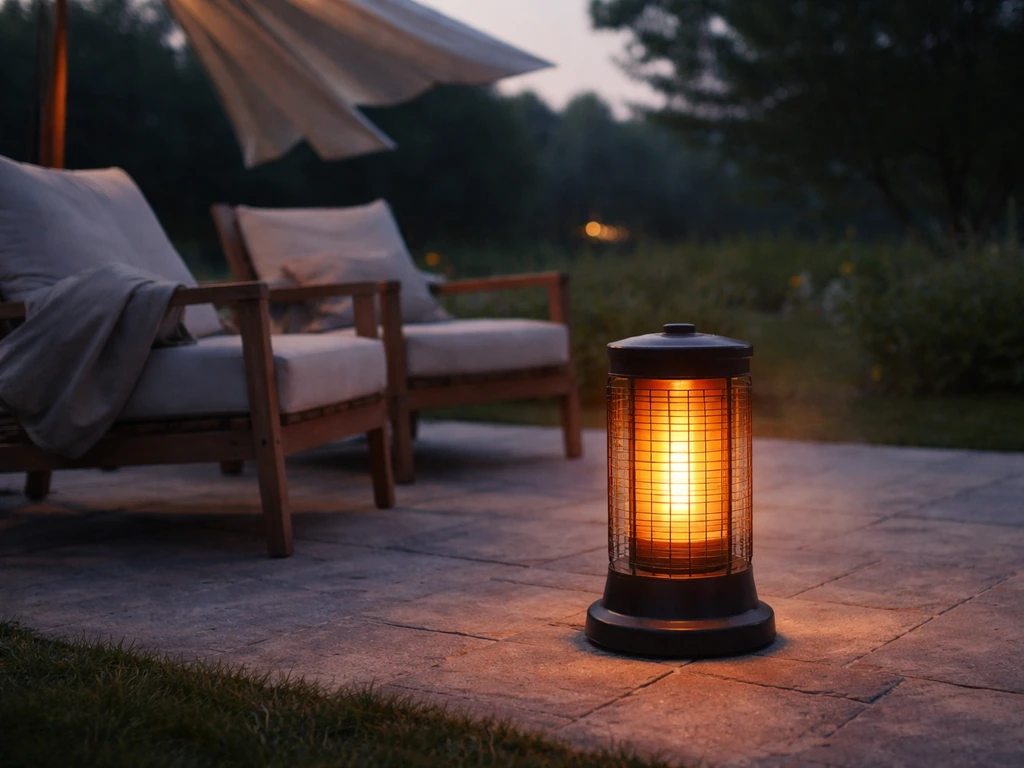 Portable patio heater on an exposed windy patio with chairs farther away, showing limited warmth.