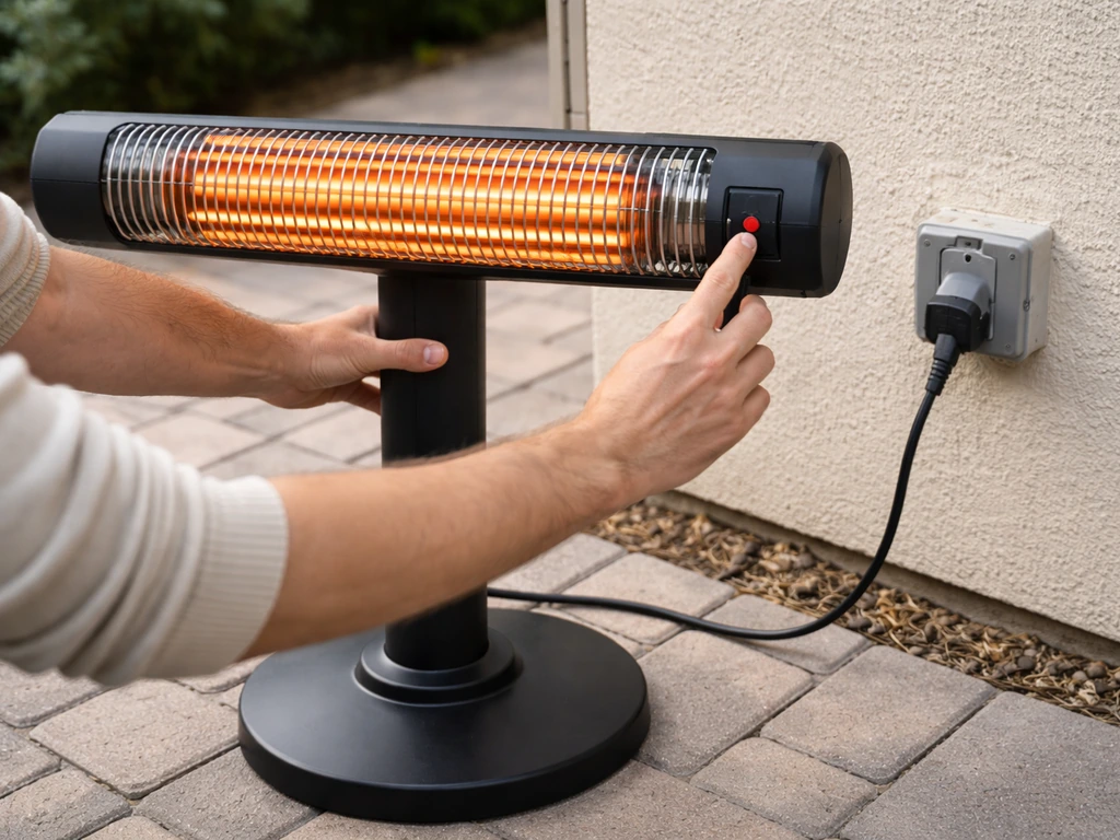 Patio electric heater being positioned and plugged into an outdoor socket with the power switch visible.