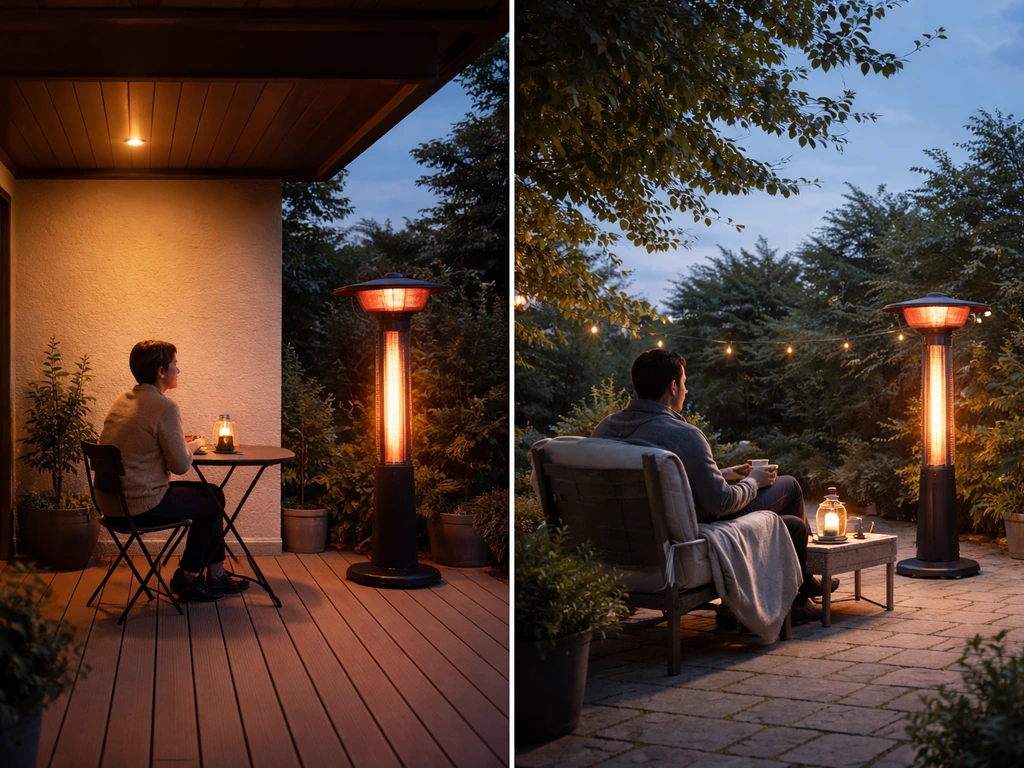 Small patio seating area comparing open and covered setups with a heater warming people near a table