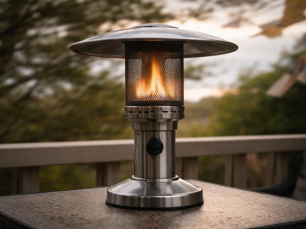 Outdoor tabletop propane heater on a patio with windy branches moving in the background