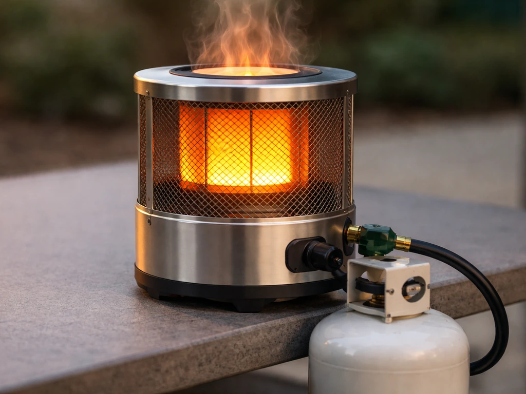 Close-up of a propane convection tabletop heater running on a table with propane tank and hose visible.