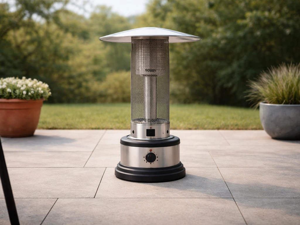 Outdoor tabletop heater on a concrete patio with clear spacing on all sides for safe placement.
