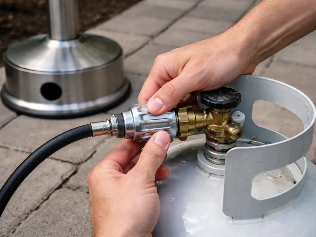 Hands tightening a propane regulator connection to a tank, with heater base in view on a patio.