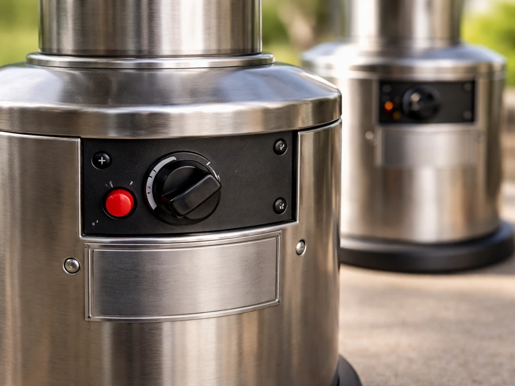 Close-up of a propane patio heater control and label area on a patio with a second heater blurred nearby.
