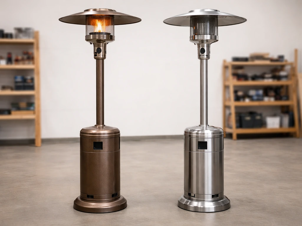 Side-by-side propane floor-standing heaters in bronze and stainless finishes in a simple indoor setting