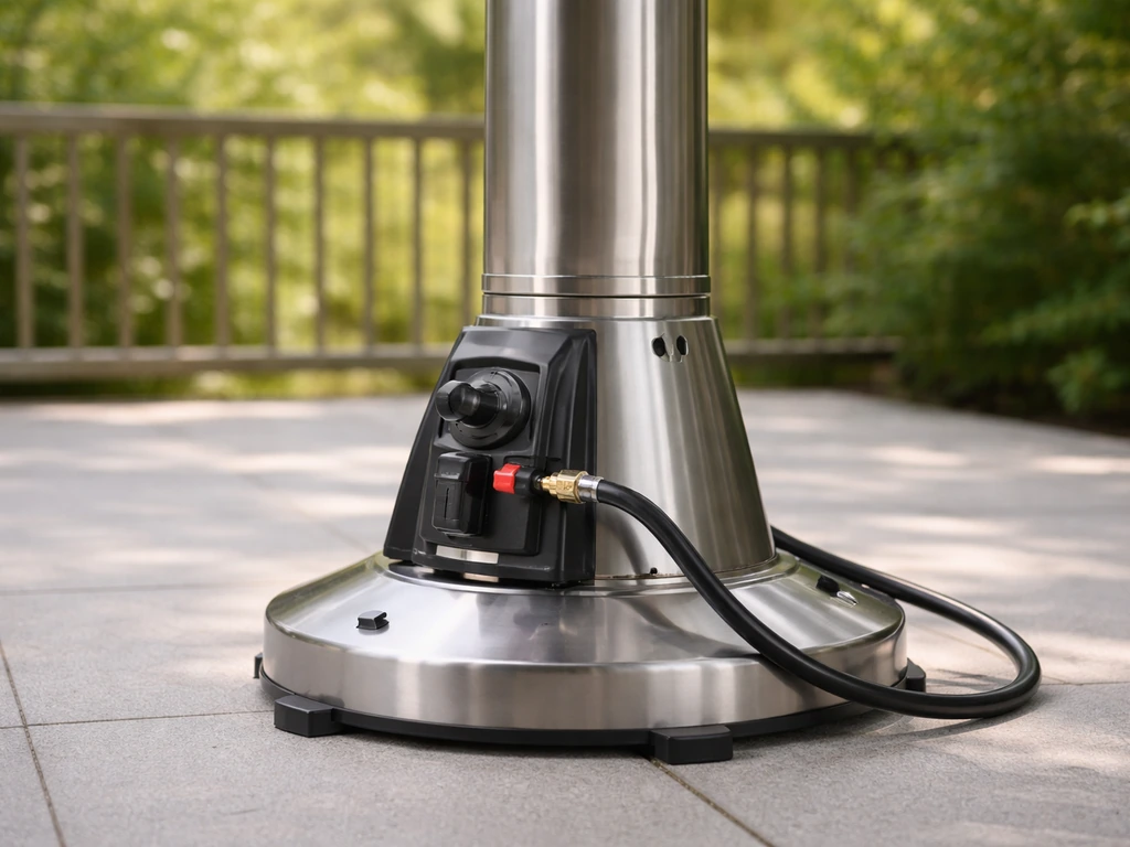 Auto-tilt patio heater with angled tilt sensor housing and propane gas hose on a simple outdoor patio.
