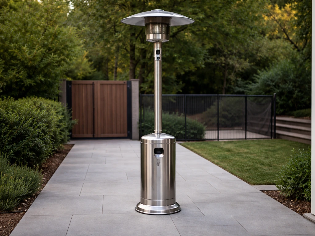 Stainless outdoor patio heater safely placed near a clear walkway with kid and pet safety cues in view