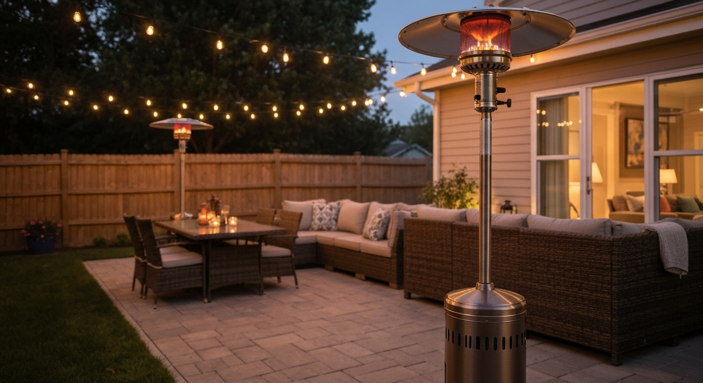 Bronze freestanding mushroom-cap propane patio heater glowing on a backyard patio at dusk, with seating and warm ambient lighting.