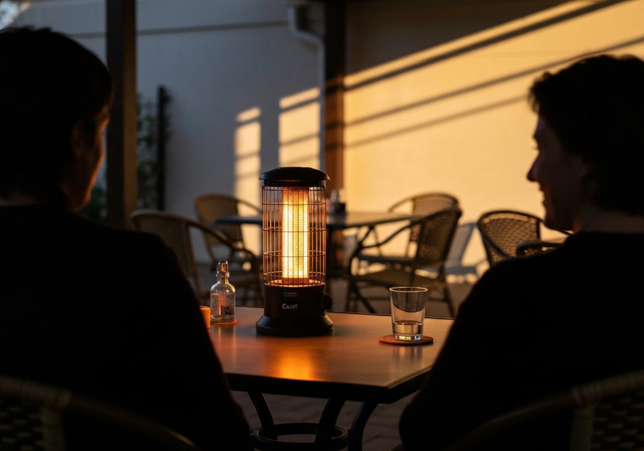 East Oak table top patio heater on a patio table glowing softly at dusk