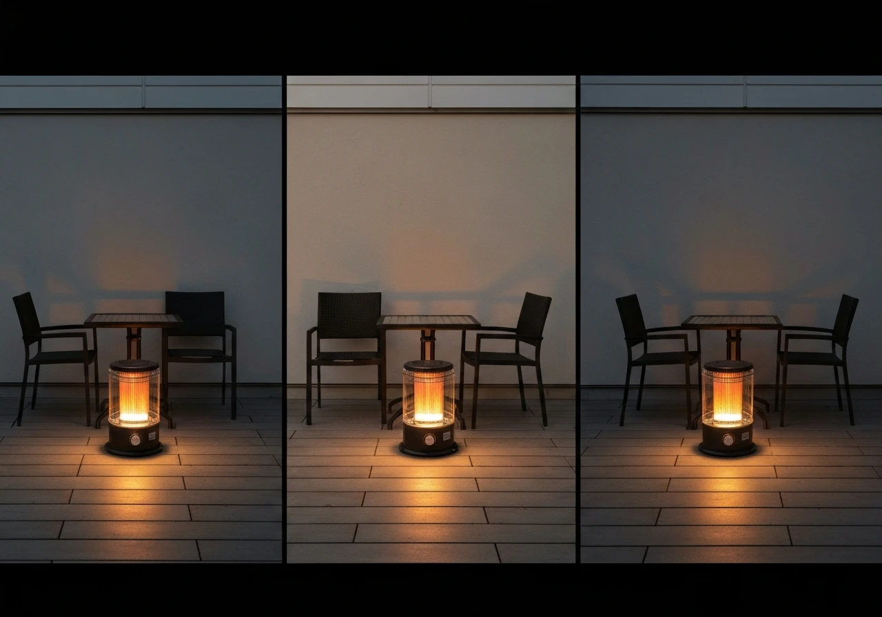 Three patio heater setups on different small patios, showing varied placement and spacing for warmth coverage
