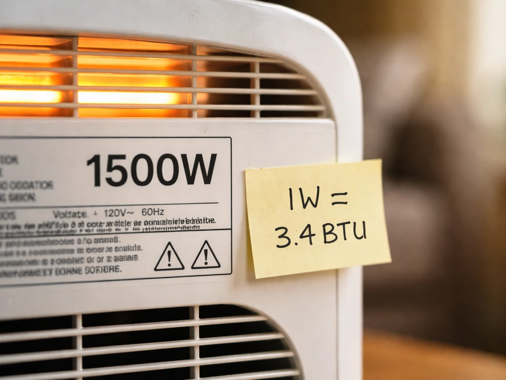 Close-up of an electric heater spec label with a simple 1W≈3.4BTU conversion tag.