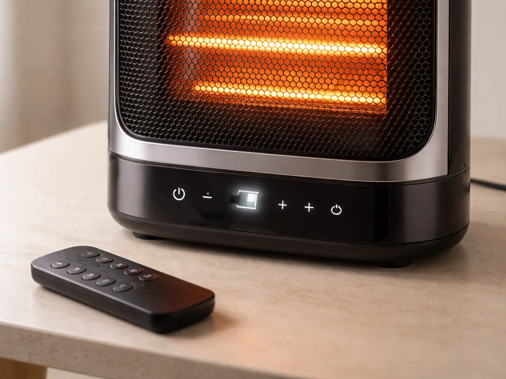 Close-up of a tabletop heater control panel and remote, with the cool-touch safety grille visible.