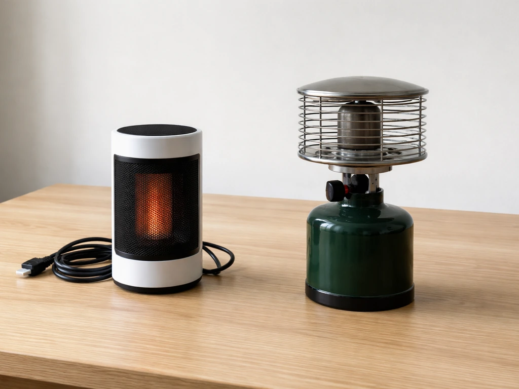Side-by-side tabletop electric and propane heaters on a clean table with clear empty space around them.