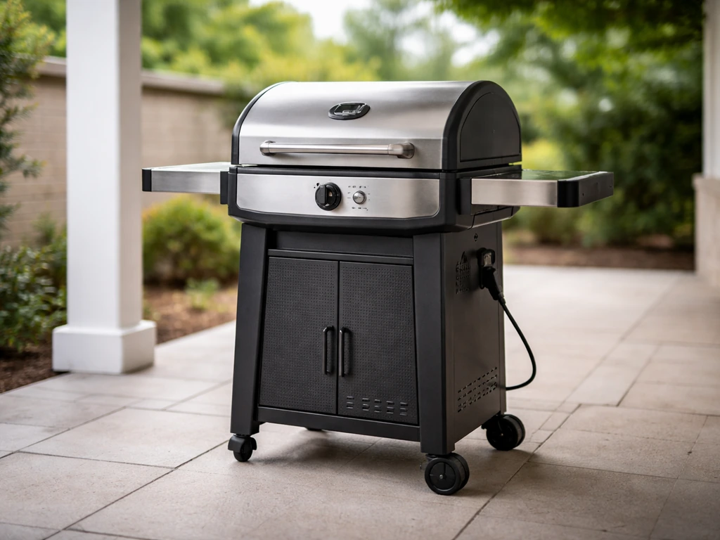Masterbuilt electric patio grill on a covered outdoor patio, clean and tidy with no open flame