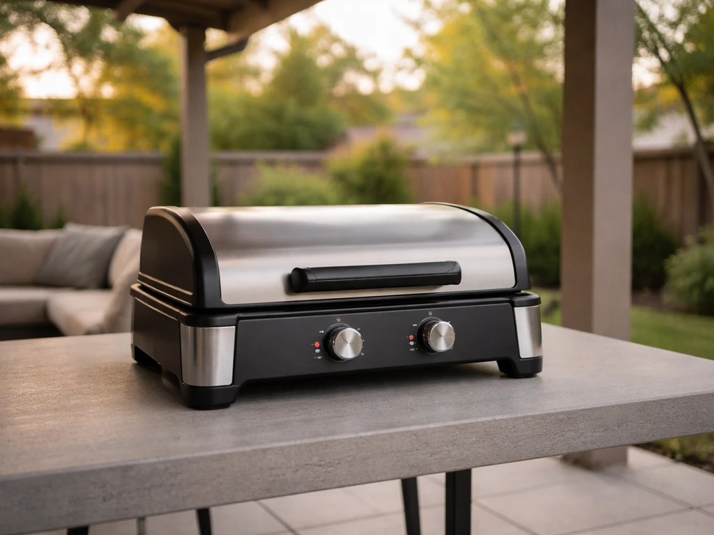 Masterbuilt-style electric patio grill on a covered patio with no flames, warm inviting evening light