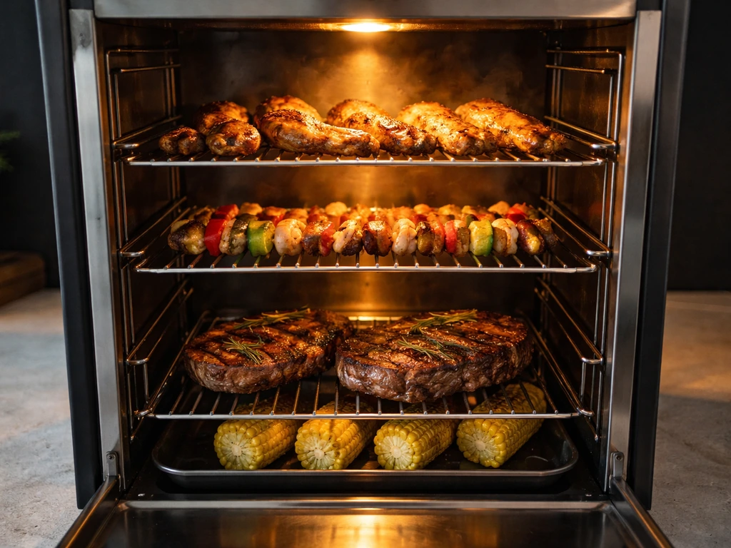 Food cooking on visible racks inside an open vertical grill, showing heat-up cooking results.