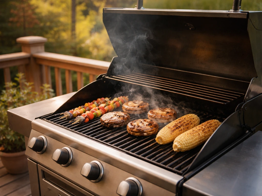 Outdoor patio grill with minimal visible smoke and food browning on the grates.