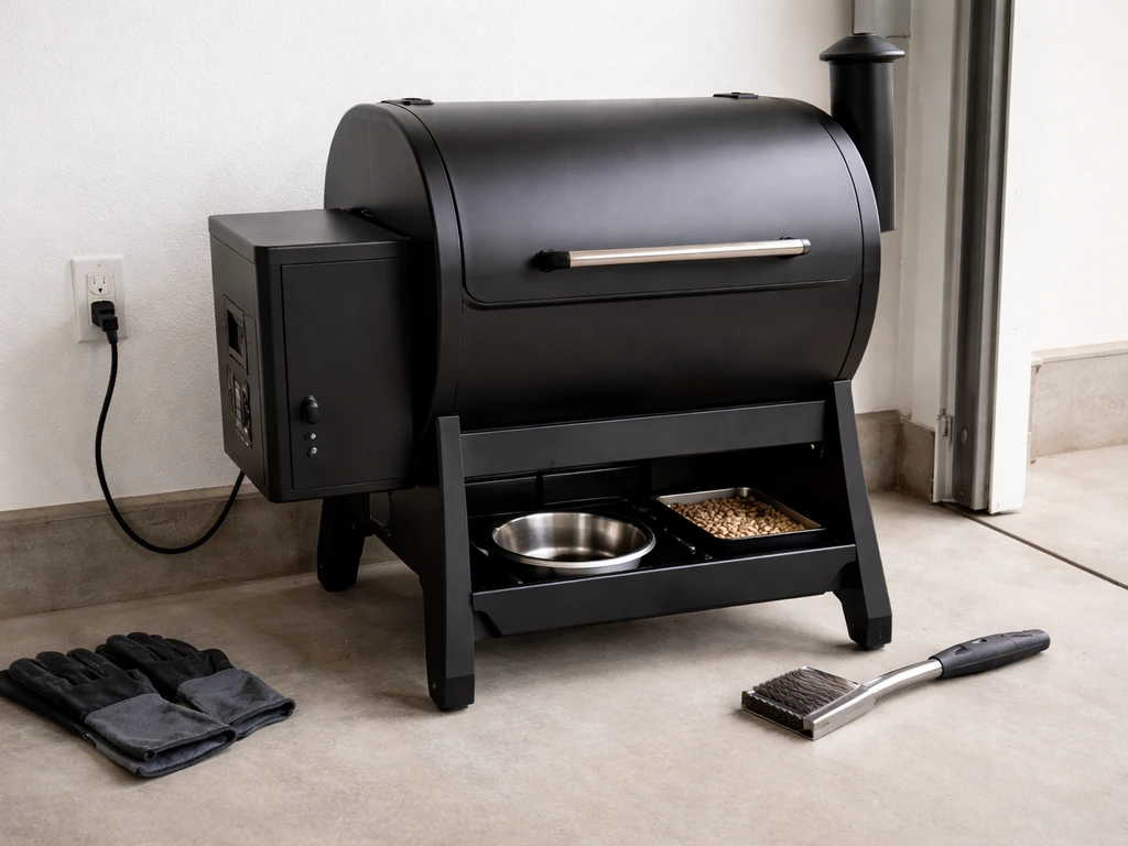 Close view of a pellet grill staged for first use with safety-ready setup details visible nearby.