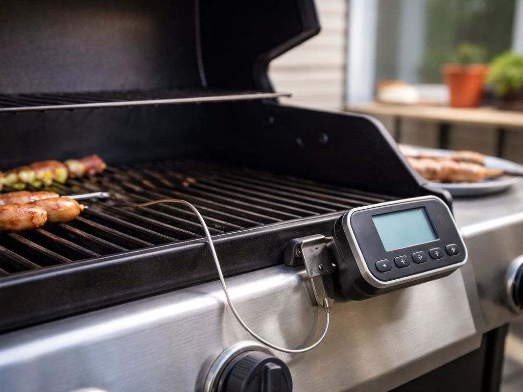 External probe thermometer clipped inside a grill near the grate beside the digital temperature display.