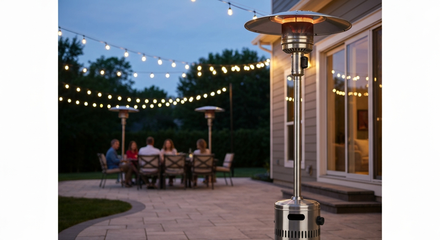 Hampton Bay 48,000 BTU stainless-steel standing patio heater on a backyard patio, lit and warming guests.