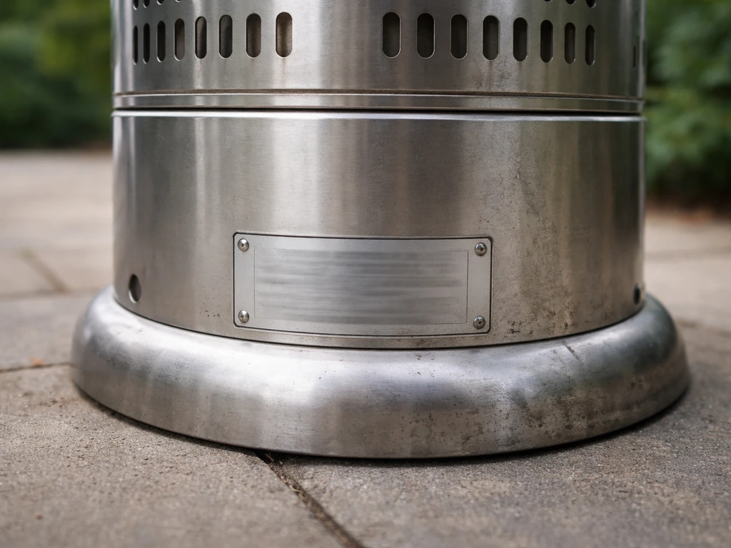 Close-up of a patio heater’s lower body showing where the model number label is located.
