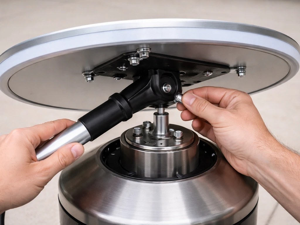 Hands assembling an LED table onto a heater using a support arm, mounting points visible
