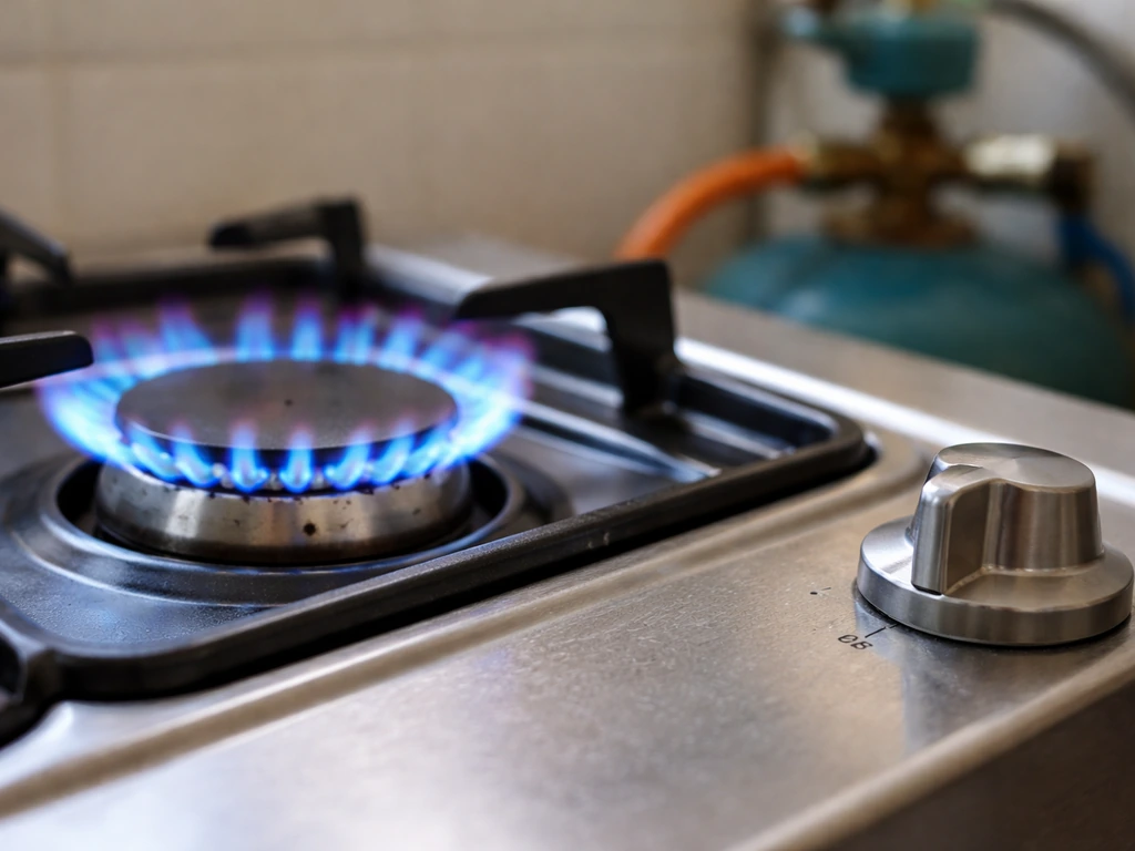 Close-up of gas burner lit with blue flame and slight yellow tips, showing nearby control knob and tank valve