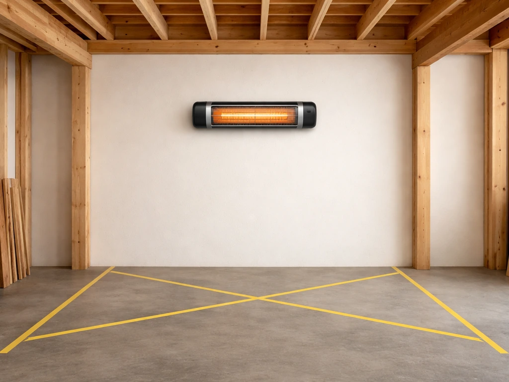 Centered space heater with clearances marked around it showing 1,100mm from combustible materials