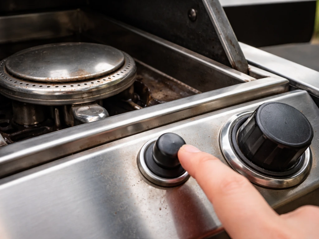 Close-up of a gas grill burner head and igniter button area, with gas control knobs nearby