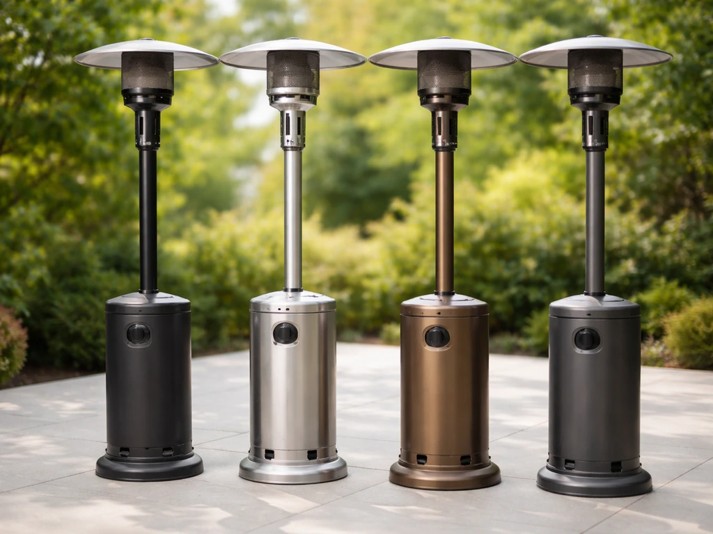 Four similar patio heaters side by side outdoors, showing subtle differences in color and design.