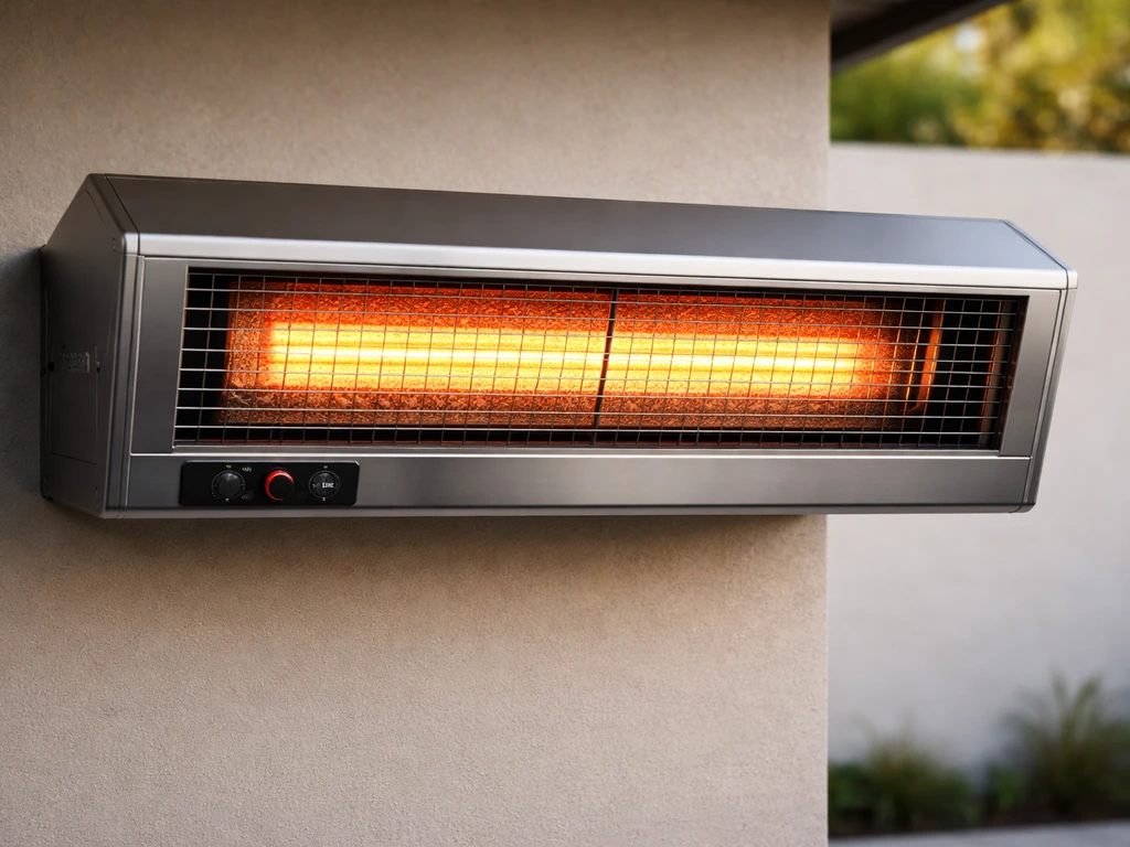 Photo of a Sunpak infrared patio heater showing burner/reflector and control panel in a simple outdoor setting