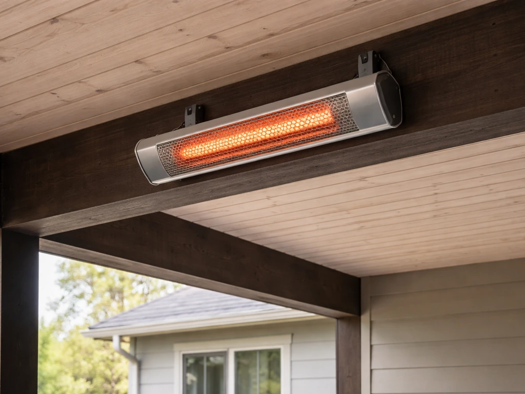 Infrared heater mounted high under a covered patio ceiling with clearances showing safe placement.