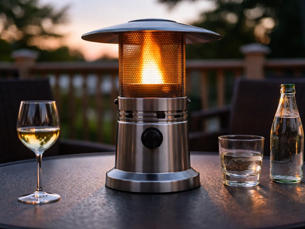 Living Accents tabletop propane patio heater glowing on an outdoor patio table at dusk.