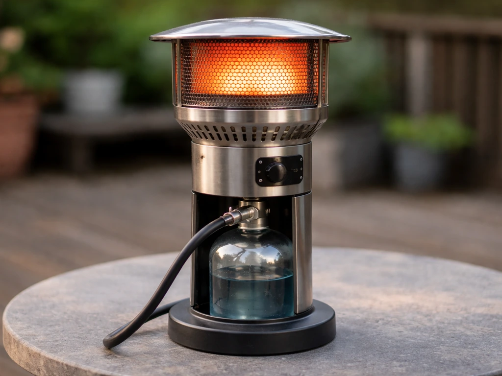 Compact tabletop propane patio heater on an outdoor table with visible propane cylinder connection, no power cord.