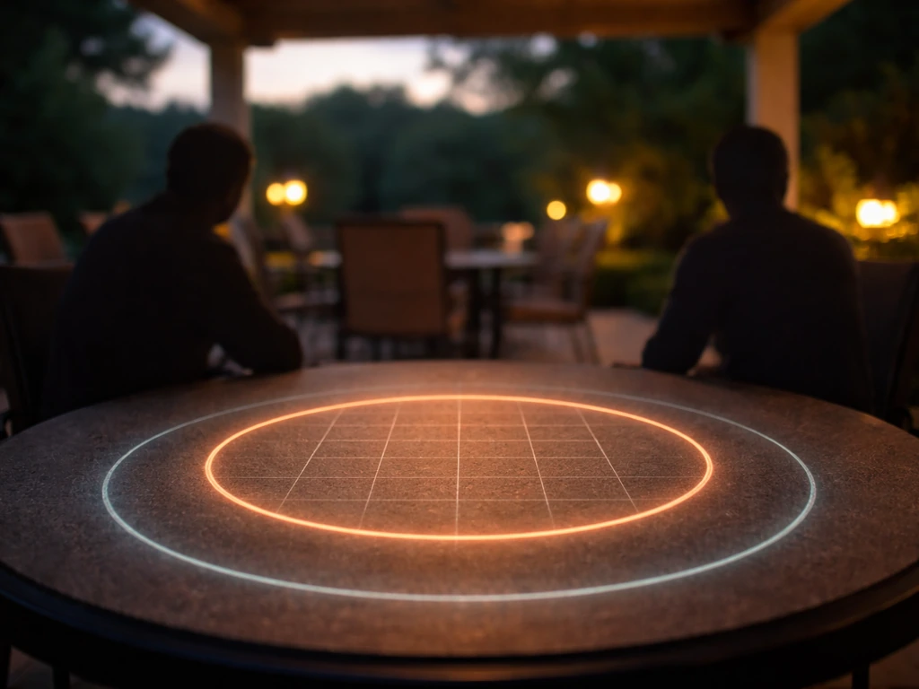 Patio tabletop with a simple distance grid showing approximate heat coverage area on a calm night.