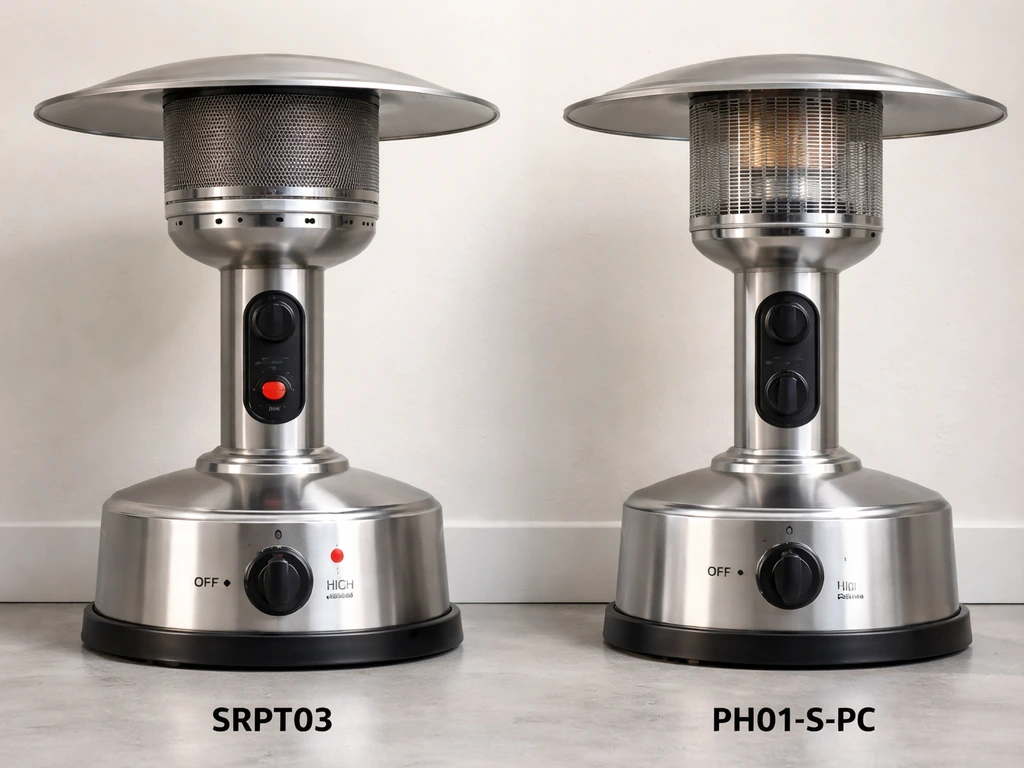 Two Living Accents tabletop heaters side-by-side, showing burner heads and controls in a simple indoor setting.