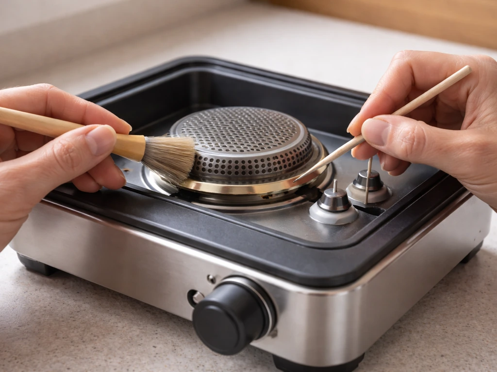 Hands cleaning a cooled tabletop gas heater burner holes and checking the ignition area.
