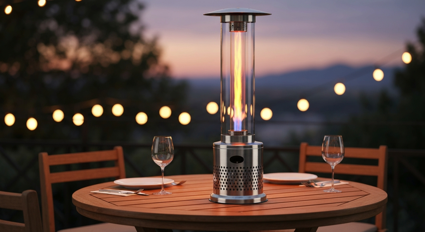Dusk bistro table with a stainless-steel tabletop glass tube patio heater glowing in the center.